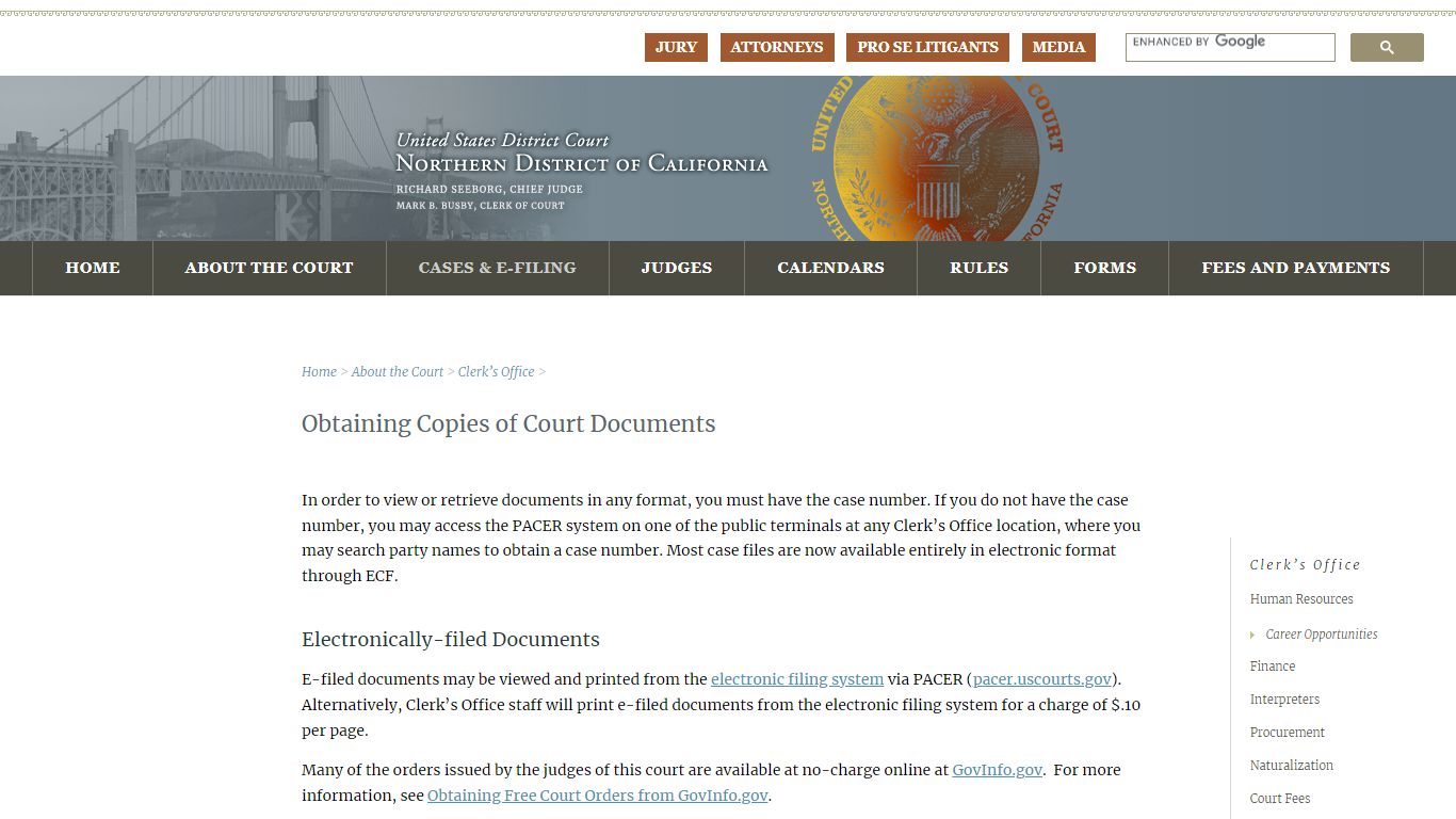 Obtaining Copies of Court Documents | United States District Court ...